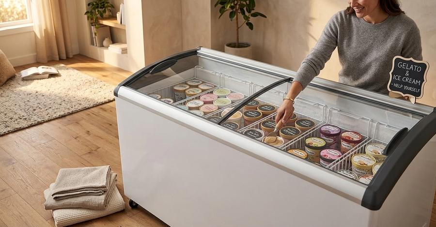 Ice cream display freezer in a gelato shop