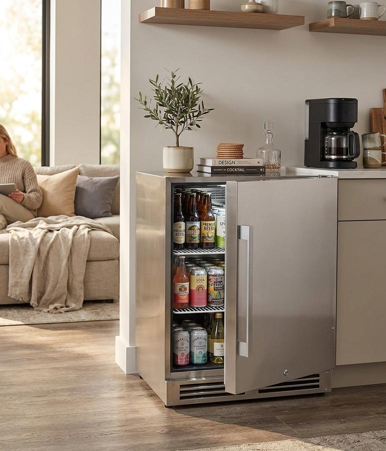 Beverage refrigerator on an outdoor patio