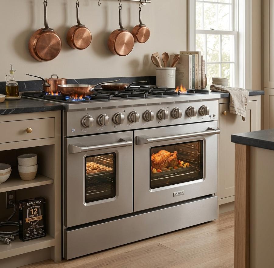 48-inch gas range in a professional home kitchen